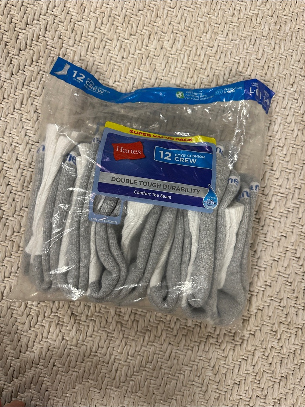 Hanes 8 Pack Boys Large Crew Athletic Socks - White & Gray